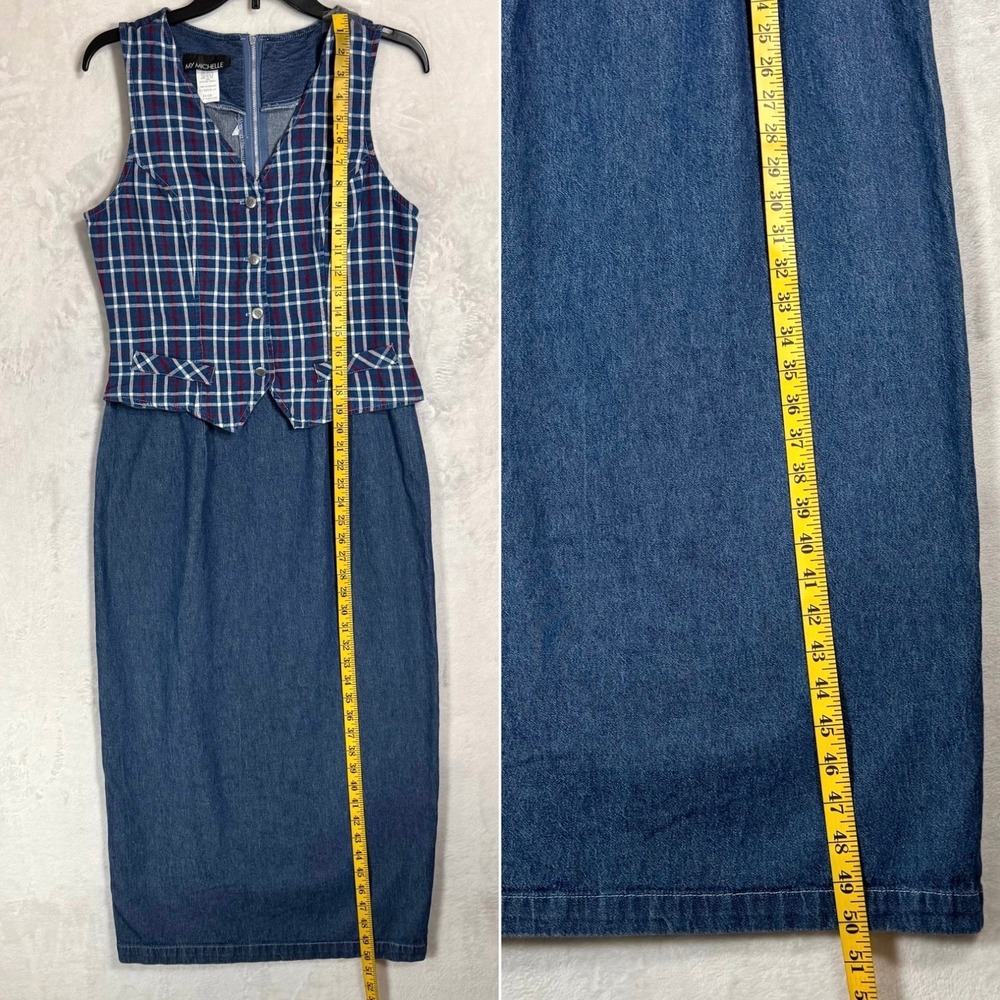 Vintage 90s Plaid Denim Midi Vest Dress Size S Jumper Cottage Teacher Ivy Preppy - Picture 9 of 15